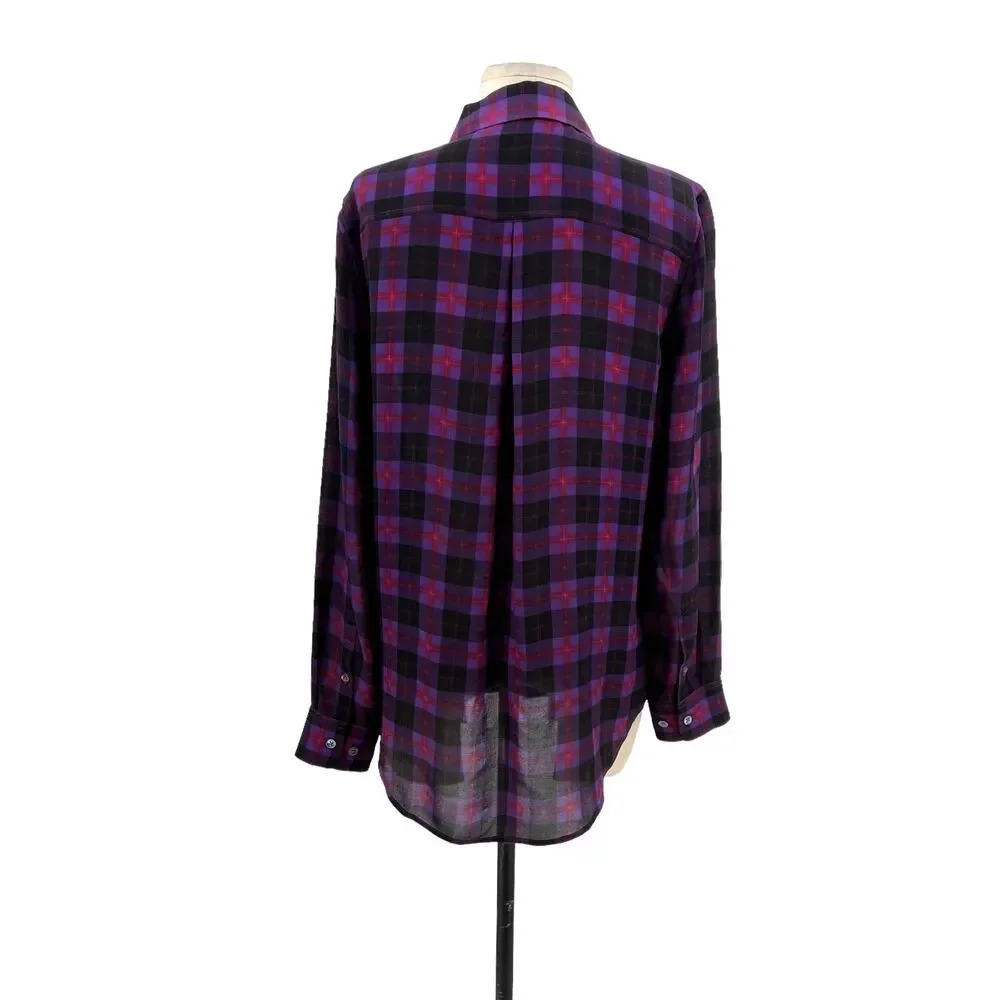 Equipment Purple Black Red‎ Plaid Check Collared Button Down Silk Blouse Small - Picture 6 of 11